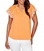 Ruby Rd. Slub Knit Split V-Neck Short Embroidered Sleeve Top - Image 5