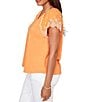 Ruby Rd. Slub Knit Split V-Neck Short Embroidered Sleeve Top - Image 3