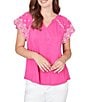 Ruby Rd. Slub Knit Split V-Neck Short Embroidered Sleeve Top - Image 1