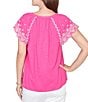 Ruby Rd. Slub Knit Split V-Neck Short Embroidered Sleeve Top - Image 2
