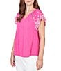 Ruby Rd. Slub Knit Split V-Neck Short Embroidered Sleeve Top - Image 3