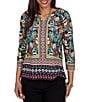 Ruby Rd. Slub Knit Vibrant Paradise-Inspired Split V-Neck Cuffed 3/4 Sleeve Top - Image 1