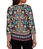 Ruby Rd. Slub Knit Vibrant Paradise-Inspired Split V-Neck Cuffed 3/4 Sleeve Top - Image 2