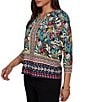 Ruby Rd. Slub Knit Vibrant Paradise-Inspired Split V-Neck Cuffed 3/4 Sleeve Top - Image 4