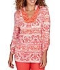 Ruby Rd. Slub Knit Woodblock V-Neck 3/4 Roll-Tab Sleeve Top - Image 1