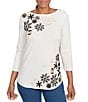 Ruby Rd. Soft Cotton Blend Snowflake Boat Neck 3/4 Sleeves Top, Color:Alabaster Multi - Image 1
