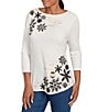 Ruby Rd. Soft Cotton Blend Snowflake Boat Neck 3/4 Sleeves Top, Color:Alabaster Multi - Image 4