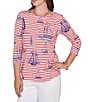 Ruby Rd. Soft Cotton Jersey Allover Sailboat Stripe Print Embroidered Accents Square Neck 3/4 Sleeve Top, Color:Deep Coral Multi - Image 1