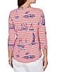 Ruby Rd. Soft Cotton Jersey Allover Sailboat Stripe Print Embroidered Accents Square Neck 3/4 Sleeve Top, Color:Deep Coral Multi - Image 2