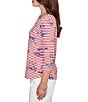 Ruby Rd. Soft Cotton Jersey Allover Sailboat Stripe Print Embroidered Accents Square Neck 3/4 Sleeve Top, Color:Deep Coral Multi - Image 3