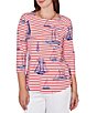 Ruby Rd. Soft Cotton Jersey Allover Sailboat Stripe Print Embroidered Accents Square Neck 3/4 Sleeve Top, Color:Deep Coral Multi - Image 4