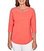 Ruby Rd. Soft Cotton Knit Grommet Boat Neck 3/4 Sleeve Top - Image 1