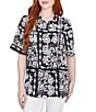 Ruby Rd. Soft Crepe Patchwork Point Collar Short Sleeve Button Front Shirt, Color:Black/White - Image 1