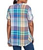 Ruby Rd. Soft Crinkle Plaid Y-Neck Short Button-Tab Sleeve Button Front Shirt, Color:Turquoise/Multi - Image 2