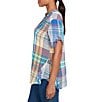 Ruby Rd. Soft Crinkle Plaid Y-Neck Short Button-Tab Sleeve Button Front Shirt, Color:Turquoise/Multi - Image 3