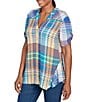 Ruby Rd. Soft Crinkle Plaid Y-Neck Short Button-Tab Sleeve Button Front Shirt, Color:Turquoise/Multi - Image 4