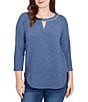Ruby Rd. Soft Hatchi Knit Keyhole Neck 3/4 Sleeve Top, Color:Indigo - Image 1