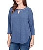 Ruby Rd. Soft Hatchi Knit Keyhole Neck 3/4 Sleeve Top, Color:Indigo - Image 4