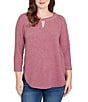 Ruby Rd. Soft Hatchi Knit Keyhole Neck 3/4 Sleeve Top, Color:Raisin - Image 1