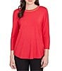Ruby Rd. Soft Jersey Knit Embellished Scoop Neck 3/4 Sleeve Top, Color:Cherry - Image 1