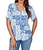 Ruby Rd. Soft Knit Patchwork Print Split V-Neck Short Sleeve Tee Top - Image 1