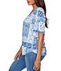 Ruby Rd. Soft Knit Patchwork Print Split V-Neck Short Sleeve Tee Top - Image 3