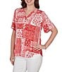 Ruby Rd. Soft Knit Patchwork Print Split V-Neck Short Sleeve Tee Top - Image 4