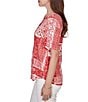 Ruby Rd. Soft Knit Patchwork Print Split V-Neck Short Sleeve Tee Top - Image 6