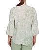 Ruby Rd. Soft Silky Slub Patchwork Band V-Neck 3/4 Bell Sleeve Pleated Flowy Blouse, Color:Pistachio Multi - Image 2