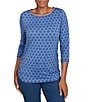 Ruby Rd. Soft Stretch Jersey Printed Crew Neck 3/4 Sleeve Stripe-Tipped Trim Side Ruched Top, Color:Slate Blue - Image 1