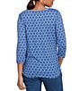Ruby Rd. Soft Stretch Jersey Printed Crew Neck 3/4 Sleeve Stripe-Tipped Trim Side Ruched Top, Color:Slate Blue - Image 2