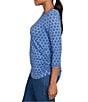 Ruby Rd. Soft Stretch Jersey Printed Crew Neck 3/4 Sleeve Stripe-Tipped Trim Side Ruched Top, Color:Slate Blue - Image 3