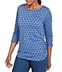 Ruby Rd. Soft Stretch Jersey Printed Crew Neck 3/4 Sleeve Stripe-Tipped Trim Side Ruched Top, Color:Slate Blue - Image 4