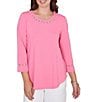 Ruby Rd. Soft Textured Knit Crew Neck 3/4 Sleeve Lace Trim Top - Image 5