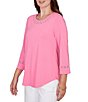 Ruby Rd. Soft Textured Knit Crew Neck 3/4 Sleeve Lace Trim Top - Image 4