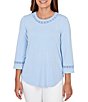 Ruby Rd. Soft Textured Knit Crew Neck 3/4 Sleeve Lace Trim Top - Image 5