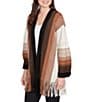 Ruby Rd. Soft Textured Striped 3/4 Sleeve Fringe Hem Open-Front Cardigan, Color:Tan Multi - Image 4