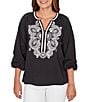 Ruby Rd. Soft Woven Embroidered Split V-Neck 3/4 Sleeve Top - Image 1