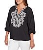 Ruby Rd. Soft Woven Embroidered Split V-Neck 3/4 Sleeve Top - Image 4
