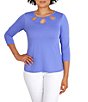 Color:Periwinkle - Image 1 - Solid Knit Cut-Out Detailed Jewel Neck 3/4 Sleeve Top