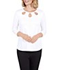 Color:White - Image 1 - Solid Knit Cut-Out Detailed Jewel Neck 3/4 Sleeve Top