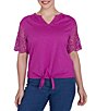 Ruby Rd. Solid Knit Split Neck Short Crochet Sleeve Tie-Front Tee Shirt,Specials : American Fashion Style Bags On Sale