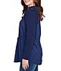 Ruby Rd. Solid Mixed Media Cowl Neck Snap Detail Long Sleeve Drawstring Waist Top, Color:Deep Blue - Image 3