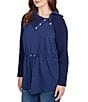 Ruby Rd. Solid Mixed Media Cowl Neck Snap Detail Long Sleeve Drawstring Waist Top, Color:Deep Blue - Image 4