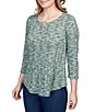 Color:Jewel Green Multi - Image 3 - Space Dye Knit Ring Keyhole Neck 3/4 Sleeve Shirt