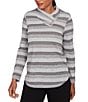 Ruby Rd. Sparkling Metallic Stripe Knit Shawl Neck Long Sleeve Top, Color:Grey Multi - Image 4