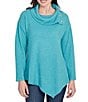 Ruby Rd. Split Cowl Neck Long Sleeve Asymmetric Hem Top, Color:Teal Heather - Image 1