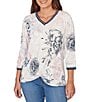 Ruby Rd. Stamp Botanical Floral V-Neck 3/4 Sleeve Knit Top - Image 1