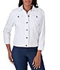 Color:White - Image 1 - Stretch Denim 3/4 Sleeve Button-Front Jacket