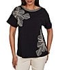 Ruby Rd. Stretch Knit Embroidered Floral Boat Neck Short Sleeve Tee - Image 1